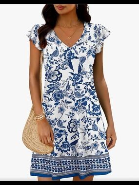 Blue & White Floral V-Neck Summer Dress